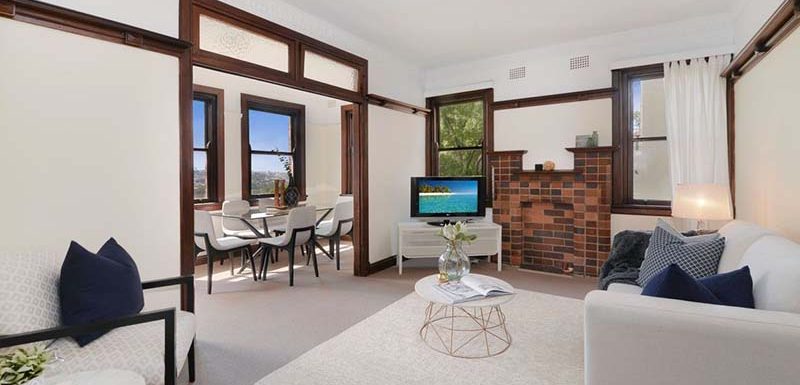 art deco renovation with a view main living before